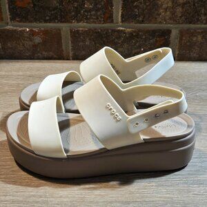 Crocs Brooklyn Low Wedge Platform Sandals Womens Sz 7 Slingback Tan / Taupe EUC
